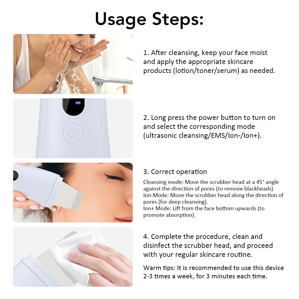 Ultrasonic Skin Scrubber Peeling Blackhead Remover Deep Face Cleaning Ultrasonic Ion Acne Pore Cleaner Facial Shovel  Scrubber
